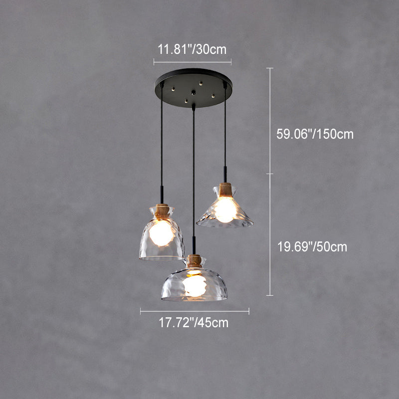 Modern Clear Ripple Glass Pendant Light with Wood Accent