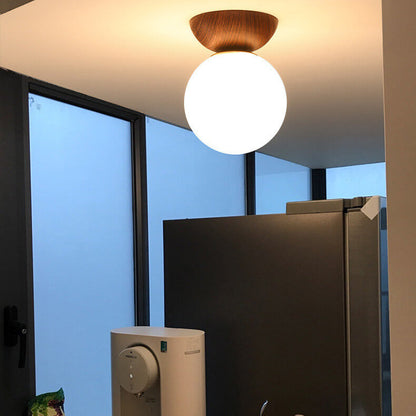 Modern Wood Glass Globe Ceiling Light