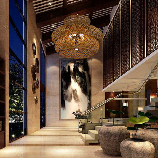 Handwoven Rattan Layered Pendant Chandelier
