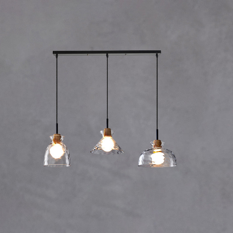 Modern Clear Ripple Glass Pendant Light with Wood Accent