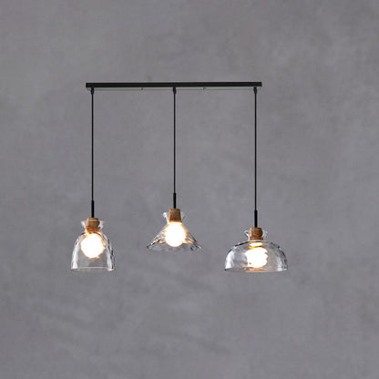 Modern Clear Ripple Glass Pendant Light with Wood Accent