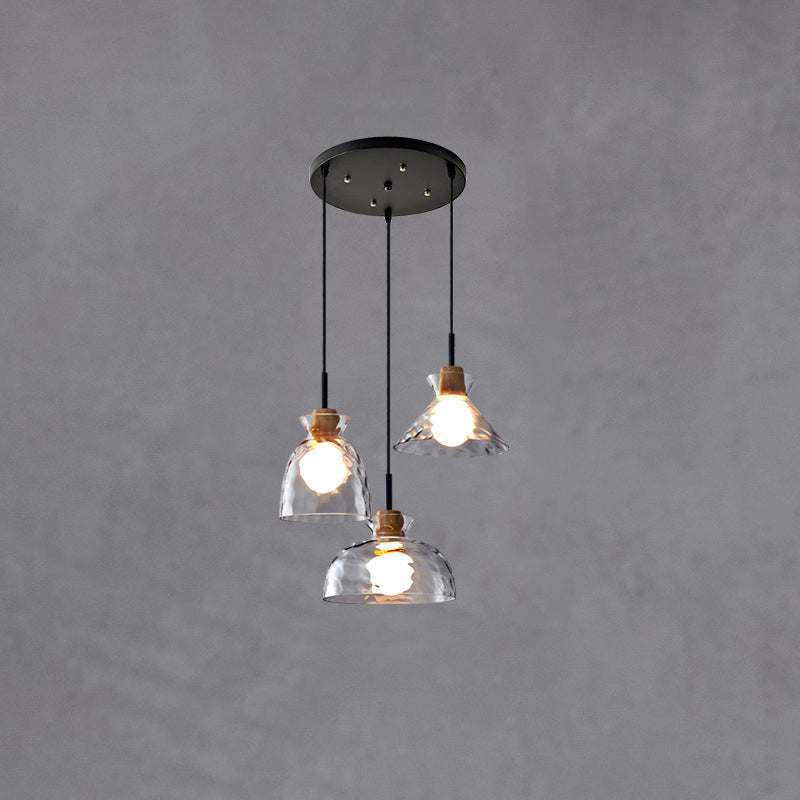 Modern Clear Ripple Glass Pendant Light with Wood Accent