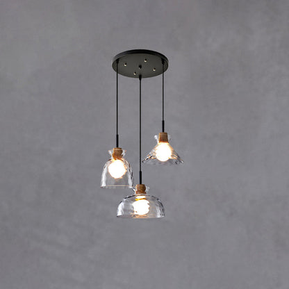 Modern Clear Ripple Glass Pendant Light with Wood Accent