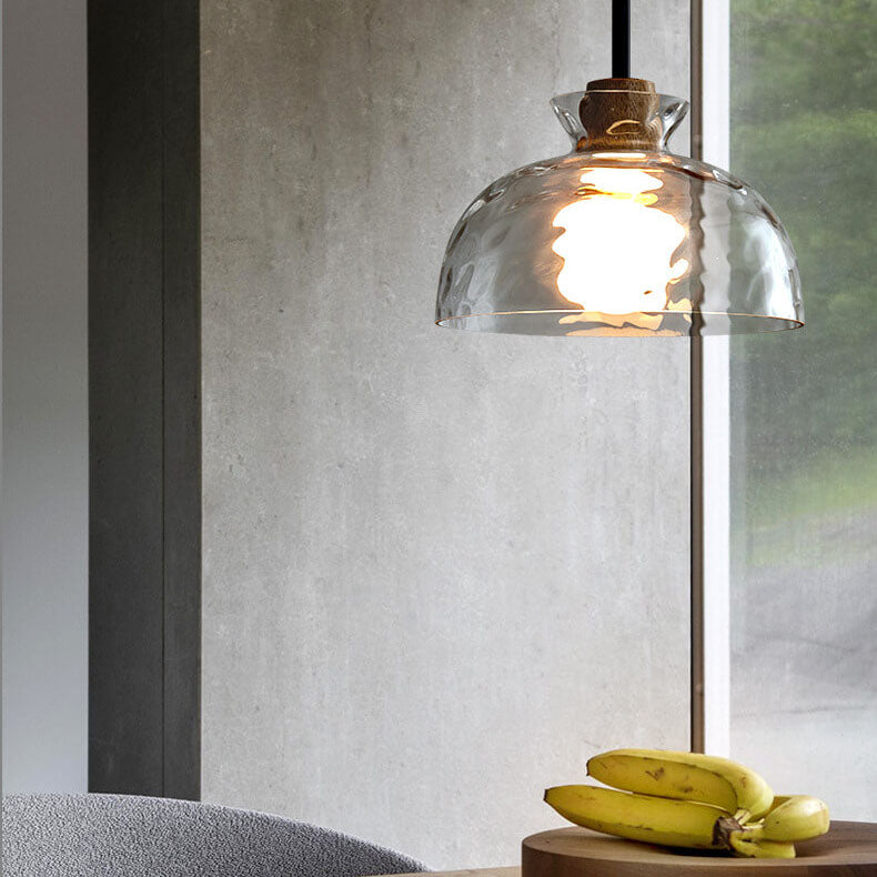 Modern Clear Ripple Glass Pendant Light with Wood Accent