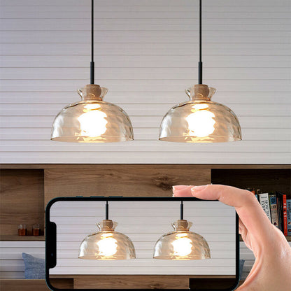 Modern Clear Ripple Glass Pendant Light with Wood Accent