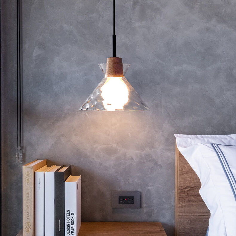 Modern Clear Ripple Glass Pendant Light with Wood Accent