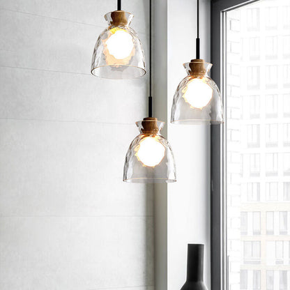 Modern Clear Ripple Glass Pendant Light with Wood Accent
