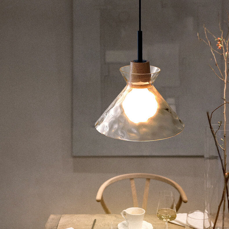 Modern Clear Ripple Glass Pendant Light with Wood Accent