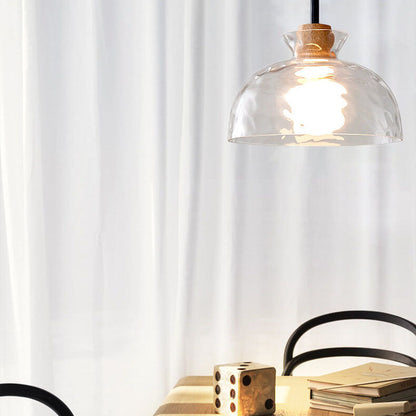 Modern Clear Ripple Glass Pendant Light with Wood Accent