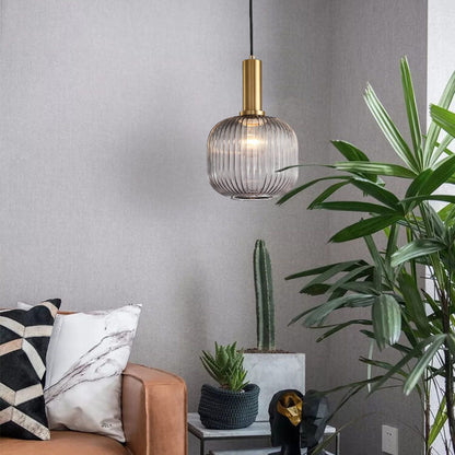 Modern Ribbed Glass Pendant Light with Brass Finish