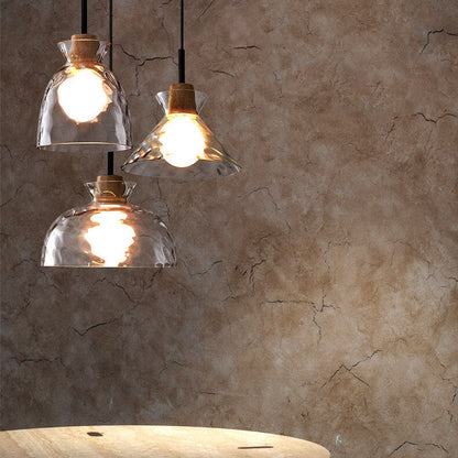 Modern Clear Ripple Glass Pendant Light with Wood Accent