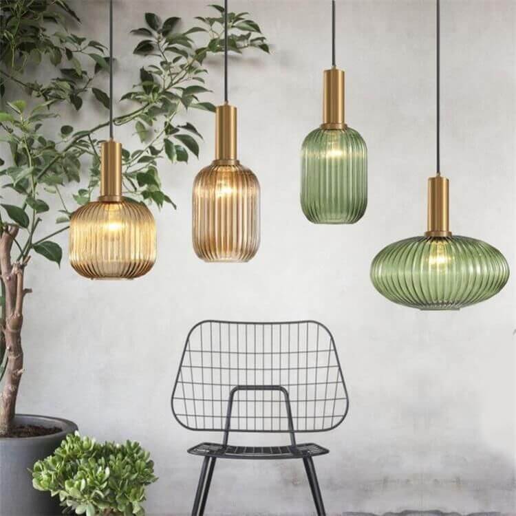 Modern Ribbed Glass Pendant Light with Brass Finish