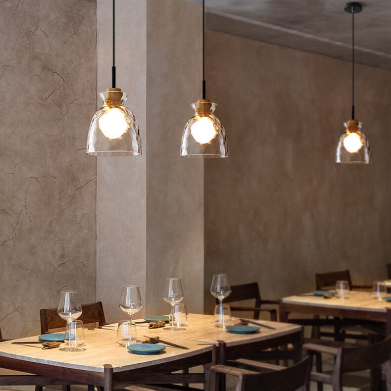 Modern Clear Ripple Glass Pendant Light with Wood Accent