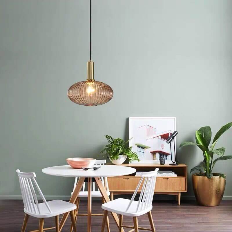 Modern Ribbed Glass Pendant Light with Brass Finish