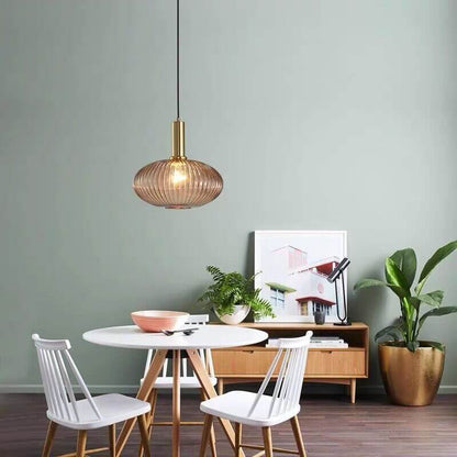 Modern Ribbed Glass Pendant Light with Brass Finish