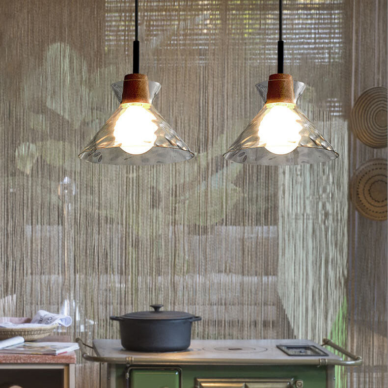 Modern Clear Ripple Glass Pendant Light with Wood Accent