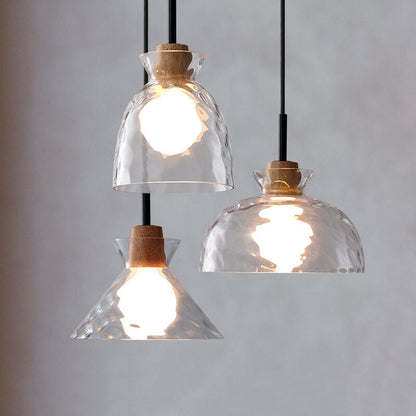 Modern Clear Ripple Glass Pendant Light with Wood Accent