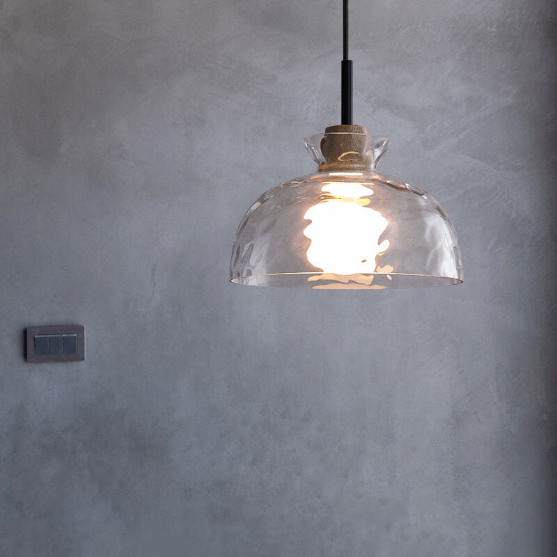 Modern Clear Ripple Glass Pendant Light with Wood Accent