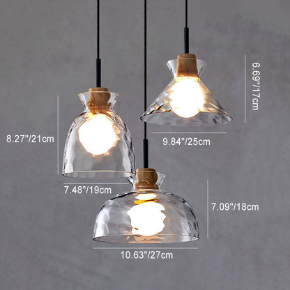 Modern Clear Ripple Glass Pendant Light with Wood Accent