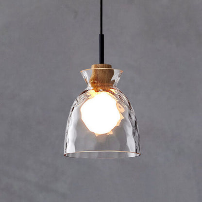 Modern Clear Ripple Glass Pendant Light with Wood Accent