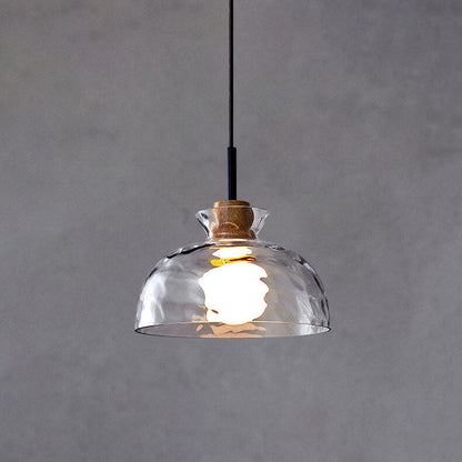 Modern Clear Ripple Glass Pendant Light with Wood Accent