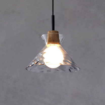Modern Clear Ripple Glass Pendant Light with Wood Accent