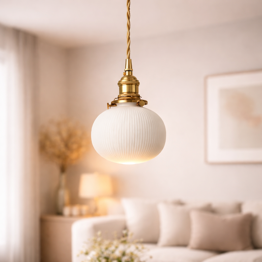 Ceranova Ribbed White Ceramic Pendant Light with Gold Hardware