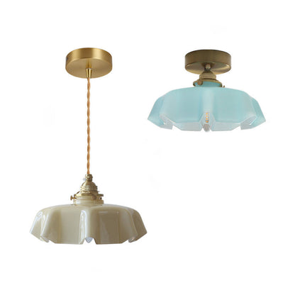 Vintage French Brass Petal Glass Ceiling Light