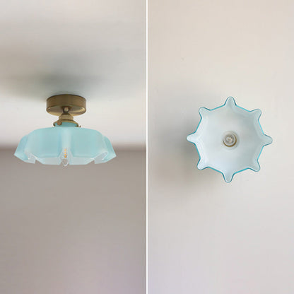 Vintage French Brass Petal Glass Ceiling Light