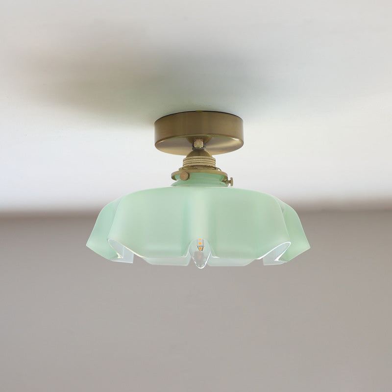Vintage French Brass Petal Glass Ceiling Light