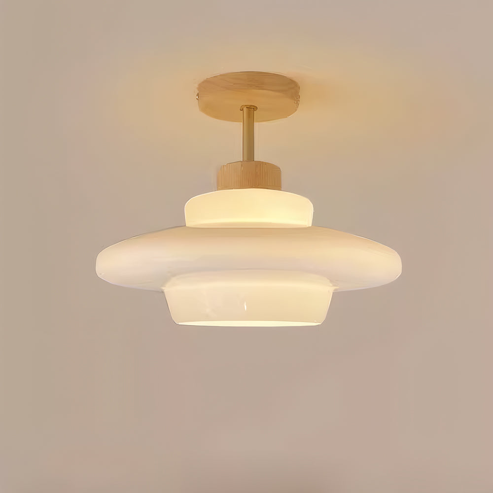 Nordelle Cream Glass Ceiling Light with Wood Accent