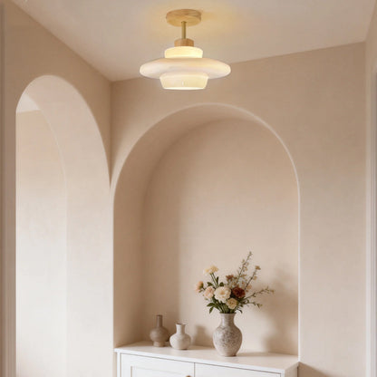 Nordelle Cream Glass Ceiling Light with Wood Accent