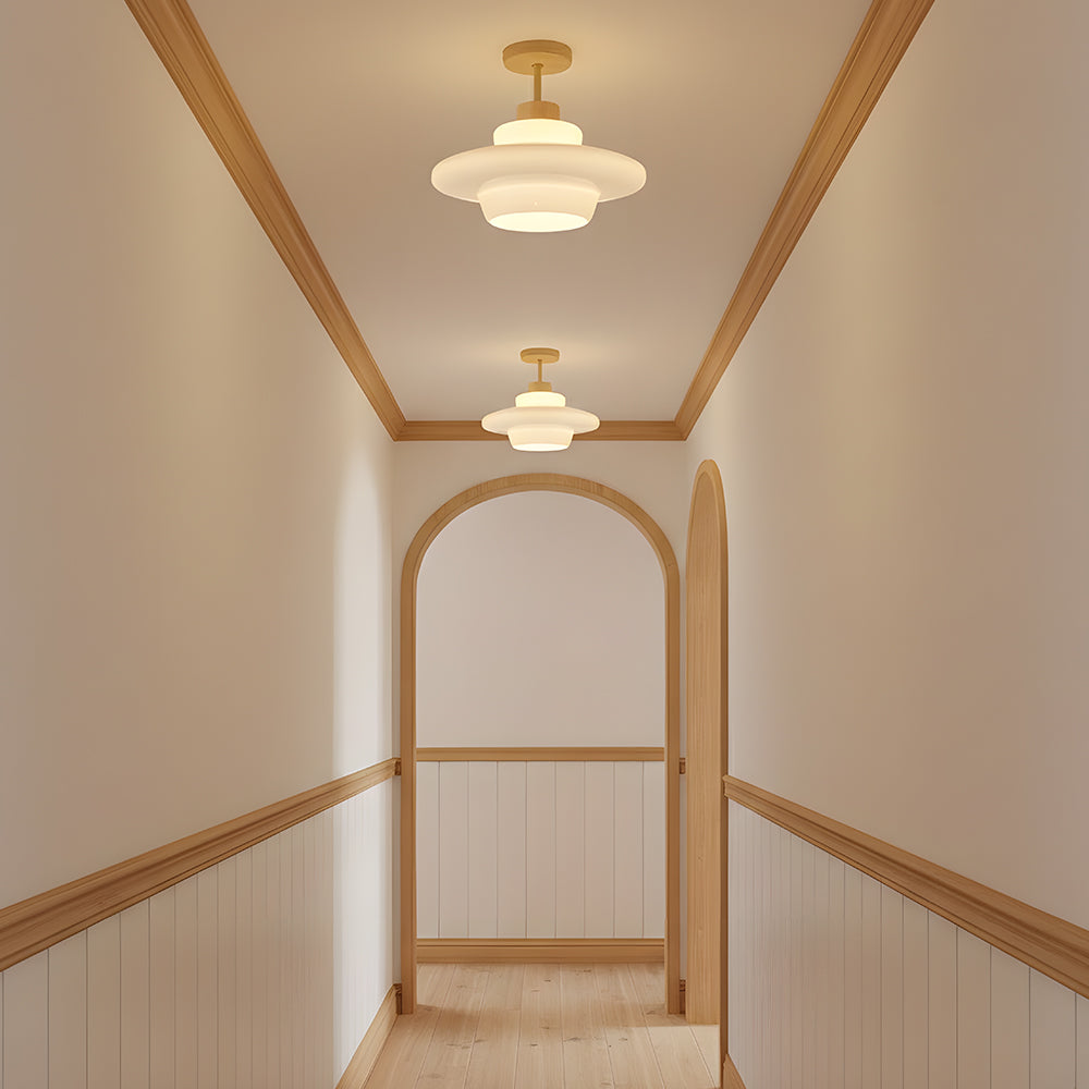 Nordelle Cream Glass Ceiling Light with Wood Accent