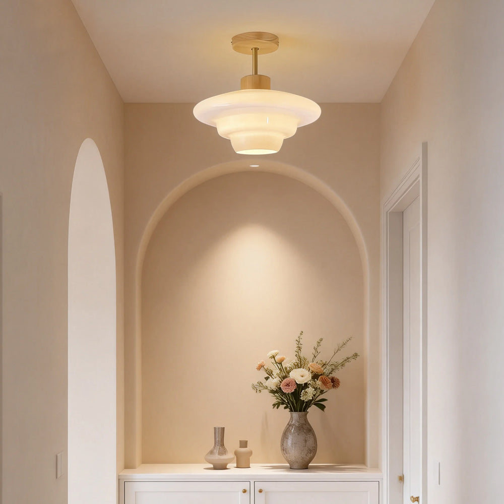 Nordelle Cream Glass Ceiling Light with Wood Accent