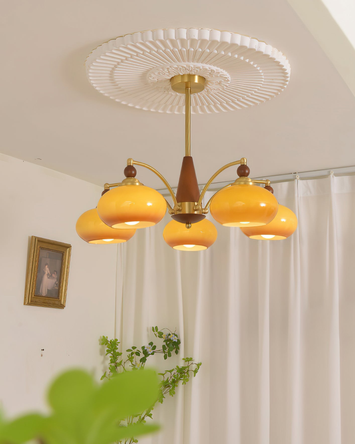 Mid-Century Amber Glass Chandelier