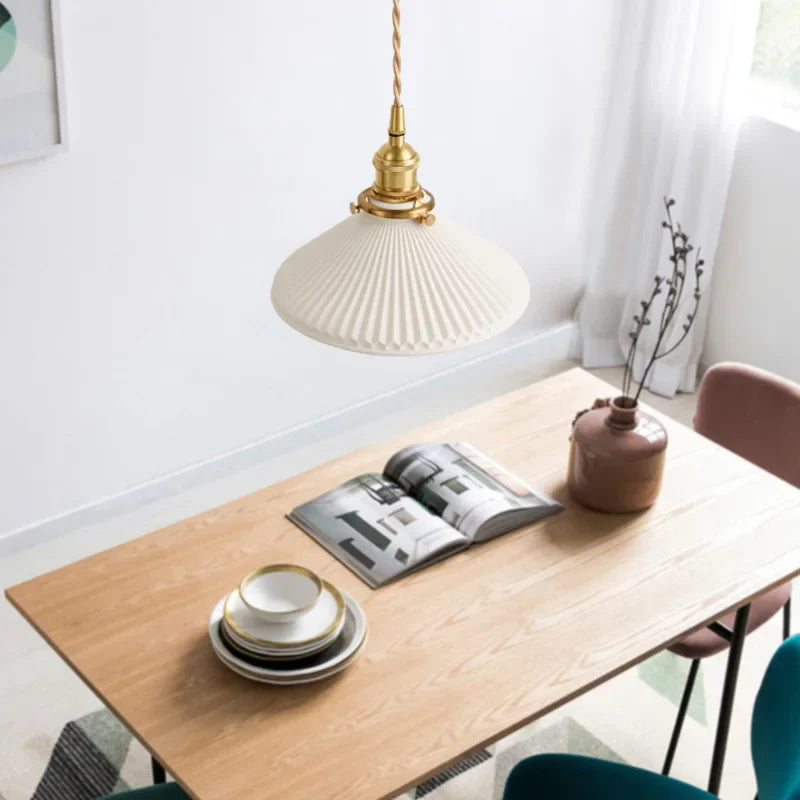 Ceranova Ribbed White Ceramic Pendant Light with Gold Hardware