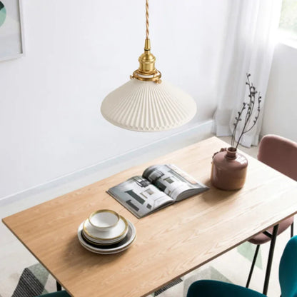 Ceranova Ribbed White Ceramic Pendant Light with Gold Hardware
