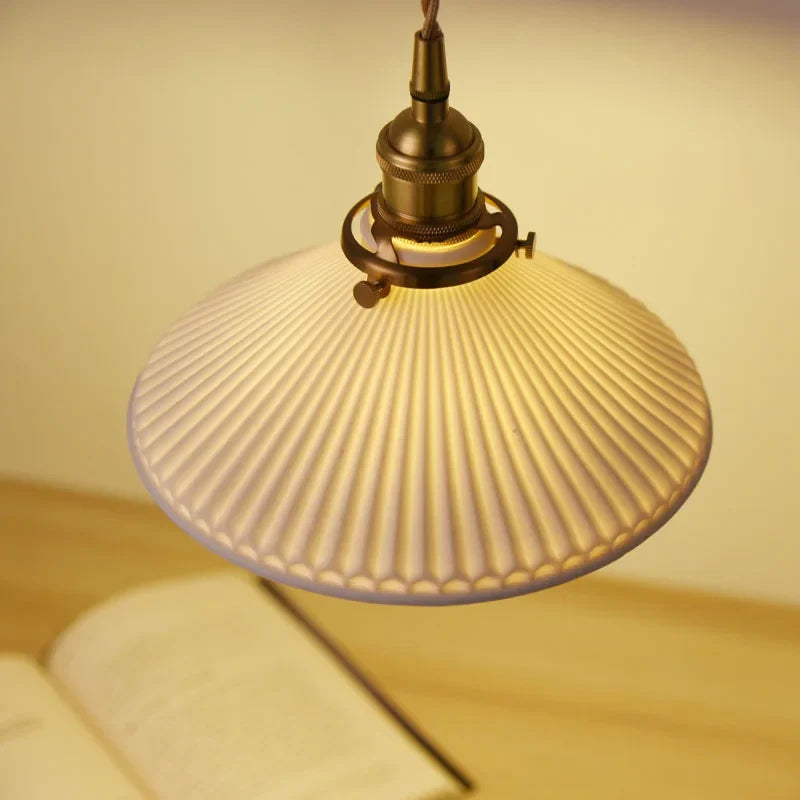 Ceranova Ribbed White Ceramic Pendant Light with Gold Hardware