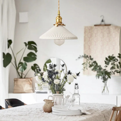 Ceranova Ribbed White Ceramic Pendant Light with Gold Hardware
