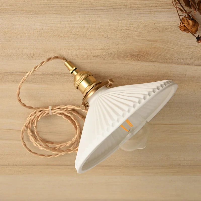 Ceranova Ribbed White Ceramic Pendant Light with Gold Hardware