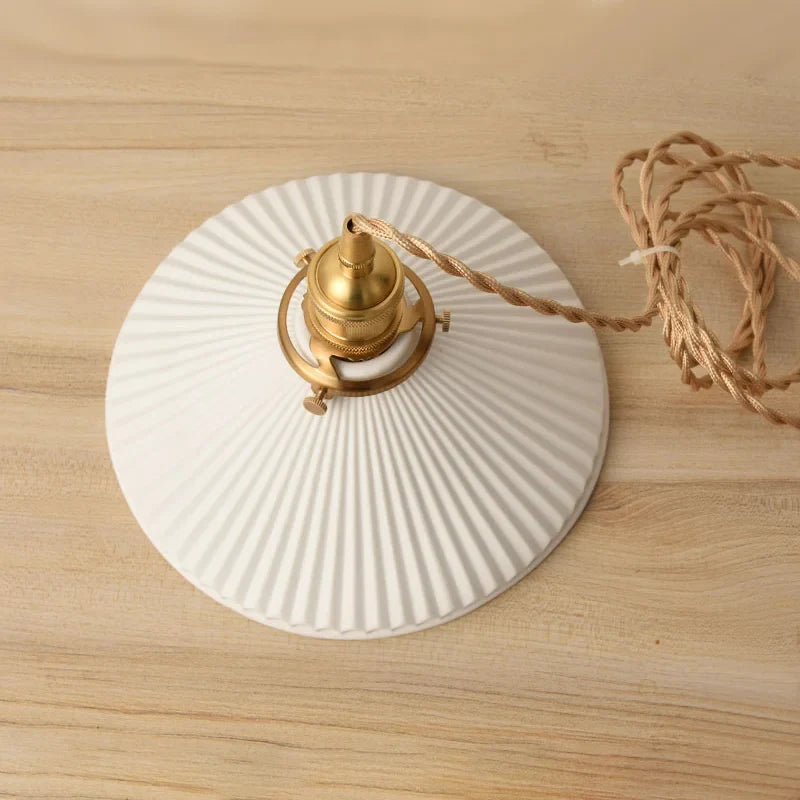 Ceranova Ribbed White Ceramic Pendant Light with Gold Hardware