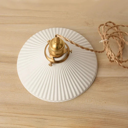 Ceranova Ribbed White Ceramic Pendant Light with Gold Hardware