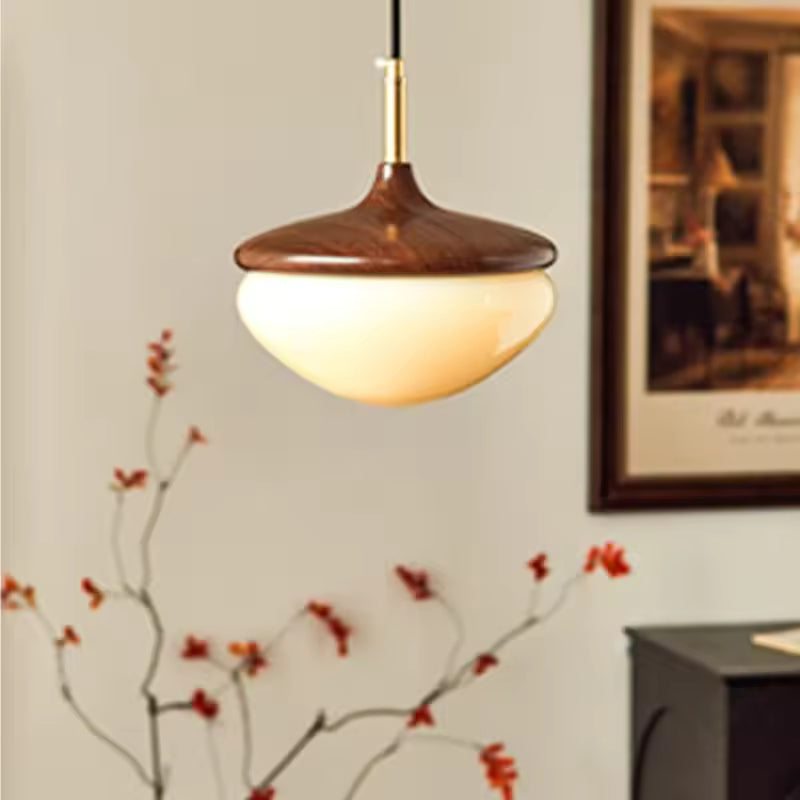 Hazelora Vintage Glass Pendant Light with Wooden Top