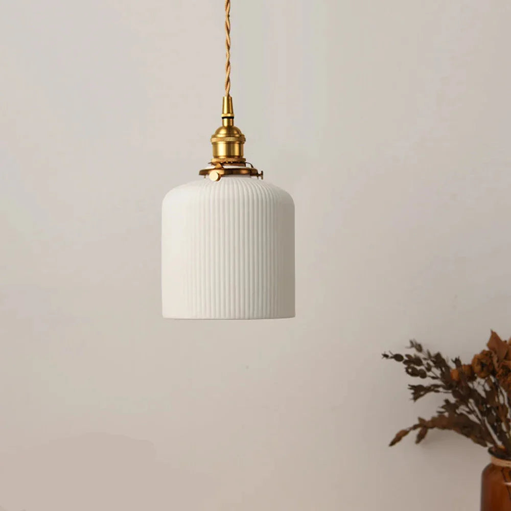Ceranova Ribbed White Ceramic Pendant Light with Gold Hardware