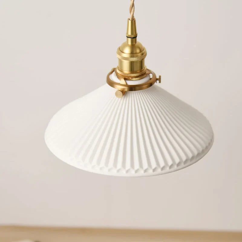 Ceranova Ribbed White Ceramic Pendant Light with Gold Hardware