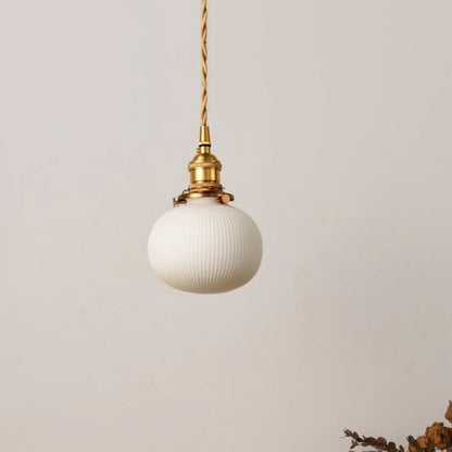 Ceranova Ribbed White Ceramic Pendant Light with Gold Hardware
