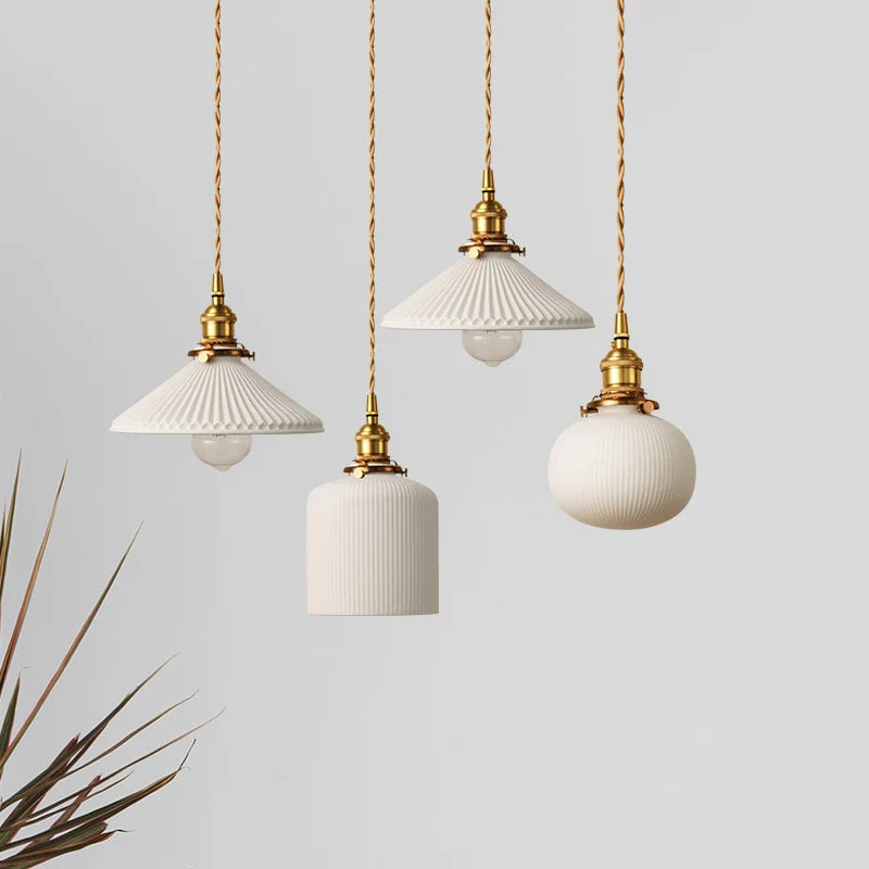 Ceranova Ribbed White Ceramic Pendant Light with Gold Hardware