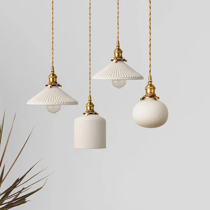 Ceranova Ribbed White Ceramic Pendant Light with Gold Hardware