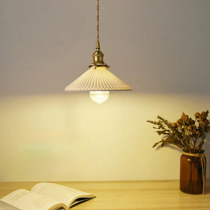 Ceranova Ribbed White Ceramic Pendant Light with Gold Hardware