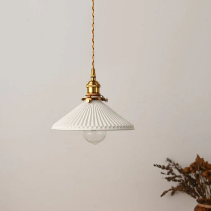 Ceranova Ribbed White Ceramic Pendant Light with Gold Hardware